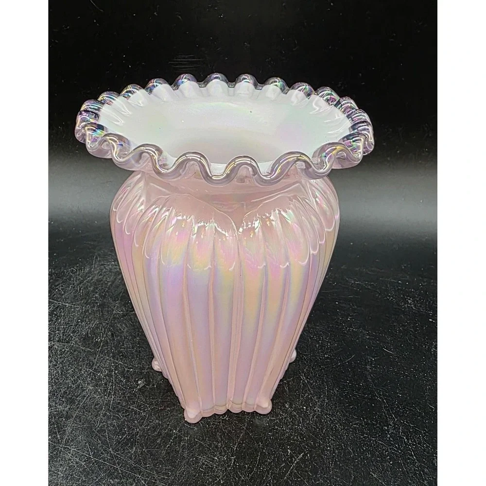 Vintage Fenton Art Glass 95th Anniversary Crimped Pink Cased Vase 5